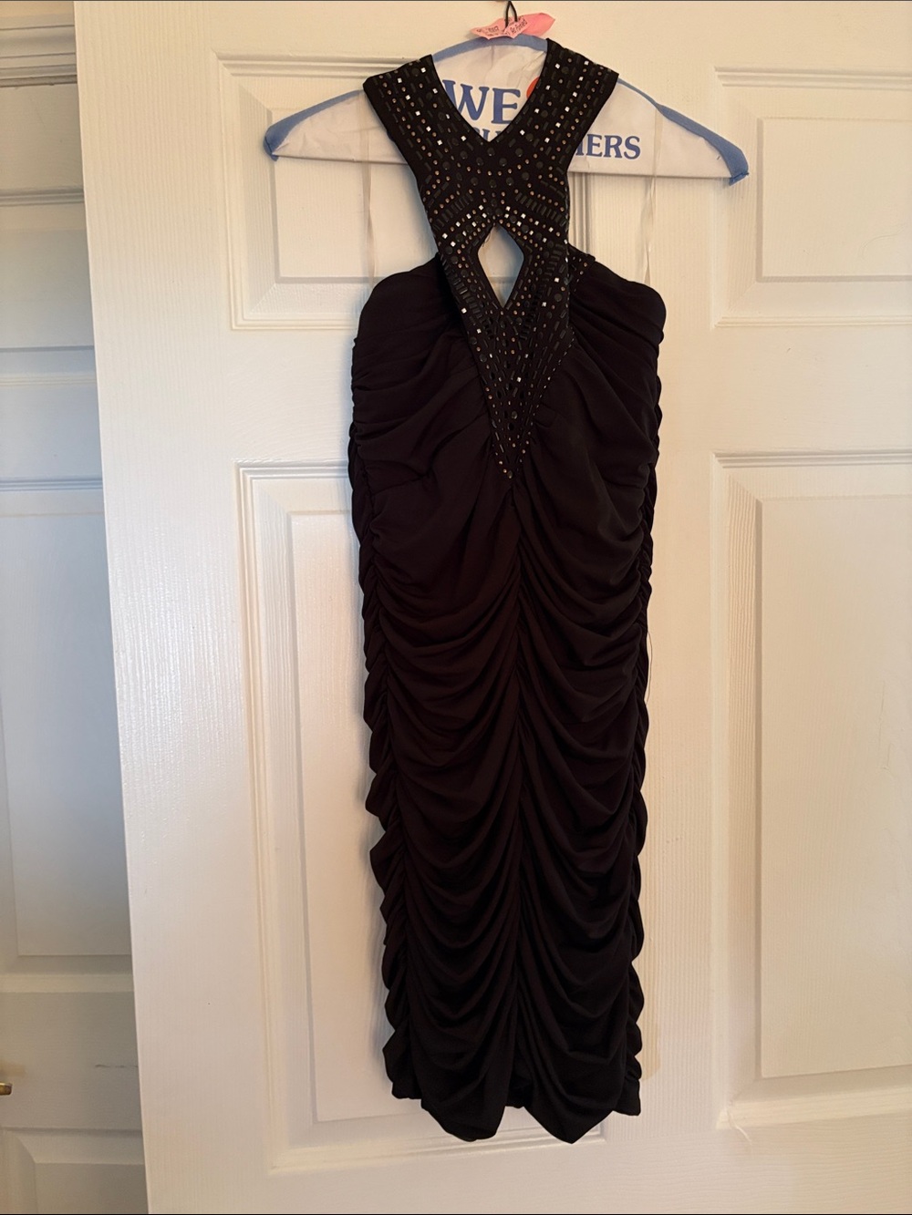Crystal Doll Black Ruched Halter Mini Dress with Beaded Neckline